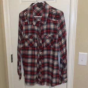 Red plaid top with gold spiked shoulder